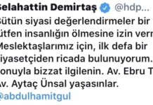 Demirtaş ölüm orucundaki avukatlar için açıklamada bulundu: “İlk defa bir siyasetçiden ricada bulunuyorum, lütfen konuyla ilgilenen. Ebru Timtik ve Aytaç Ünsal yaşasınlar”