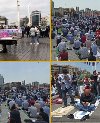Taksim’de Gezi Direnişi’nin yıldönümünde, sokaklara 25 ton gül suyu dökülerek binlerce kişiyle cami açılışı yapıldı