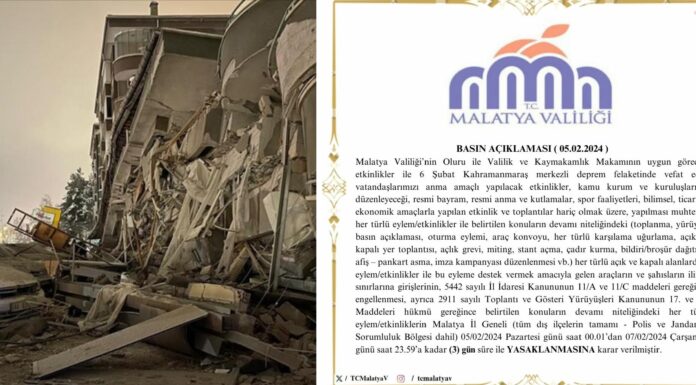 Malatya Valiliği, 6 Şubat için yapılacak tüm etkinlikler yasakladı!