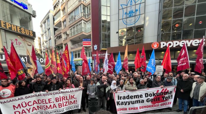 İzmir Emek ve Demokrasi Güçleri’nden Başpınar işçilerine yaşatılan haksızlığa ve Van Büyükşehir Belediyesi’ne atanan kayyuma karşı protesto gösterisi